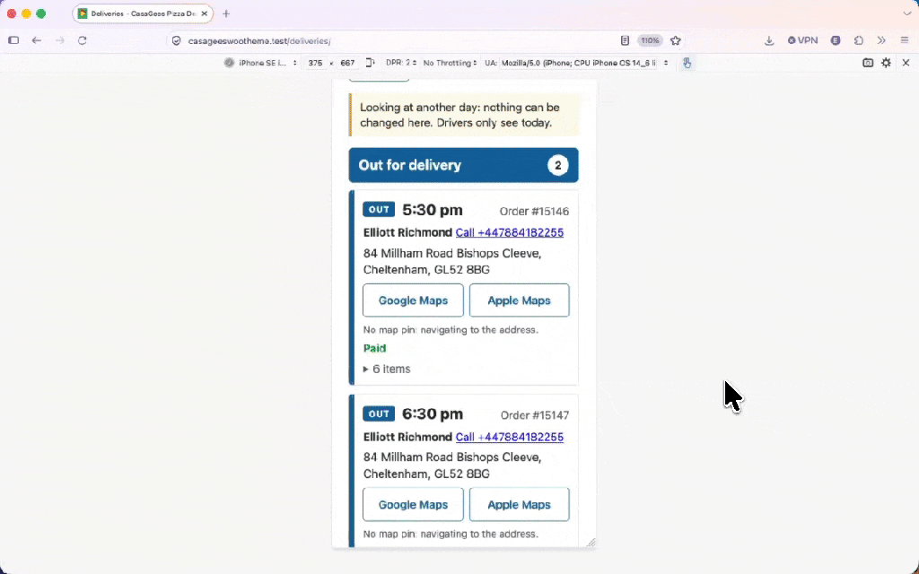 Deliveries page